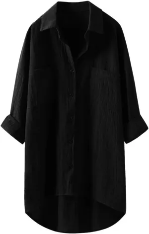 Women Linen Shirts Summer Cotton Linen Buttons Long Sleeve T-Shirt Casual Loose Fit Henley Crew Neck Tee Top