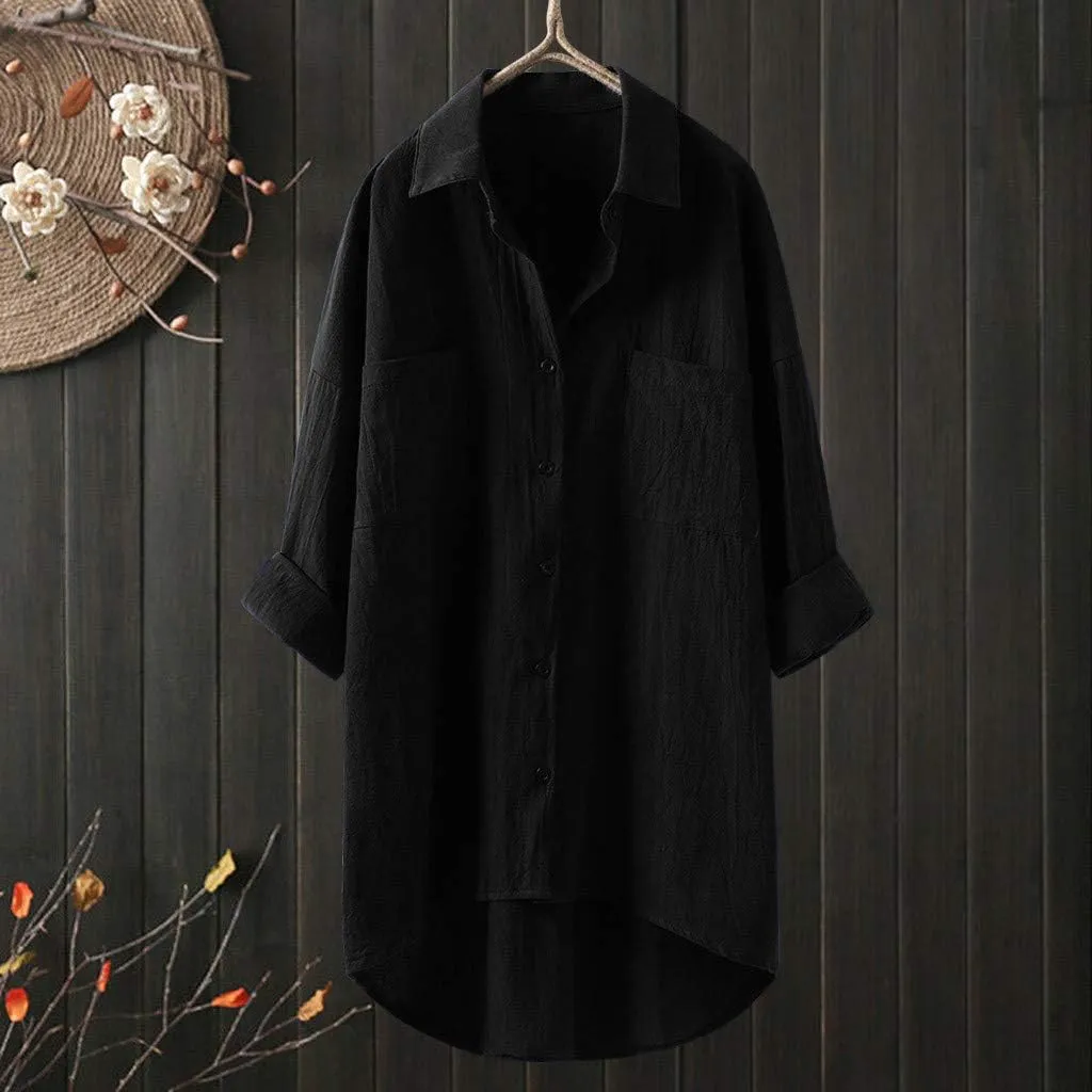 Women Linen Shirts Summer Cotton Linen Buttons Long Sleeve T-Shirt Casual Loose Fit Henley Crew Neck Tee Top