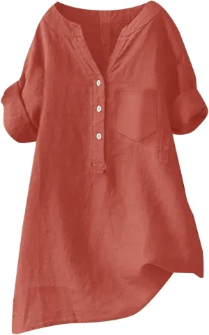 Women Linen Shirts V Neck Button Blouse Boho Dressy Tshirts Short Sleeve Loose Fit T Shirts