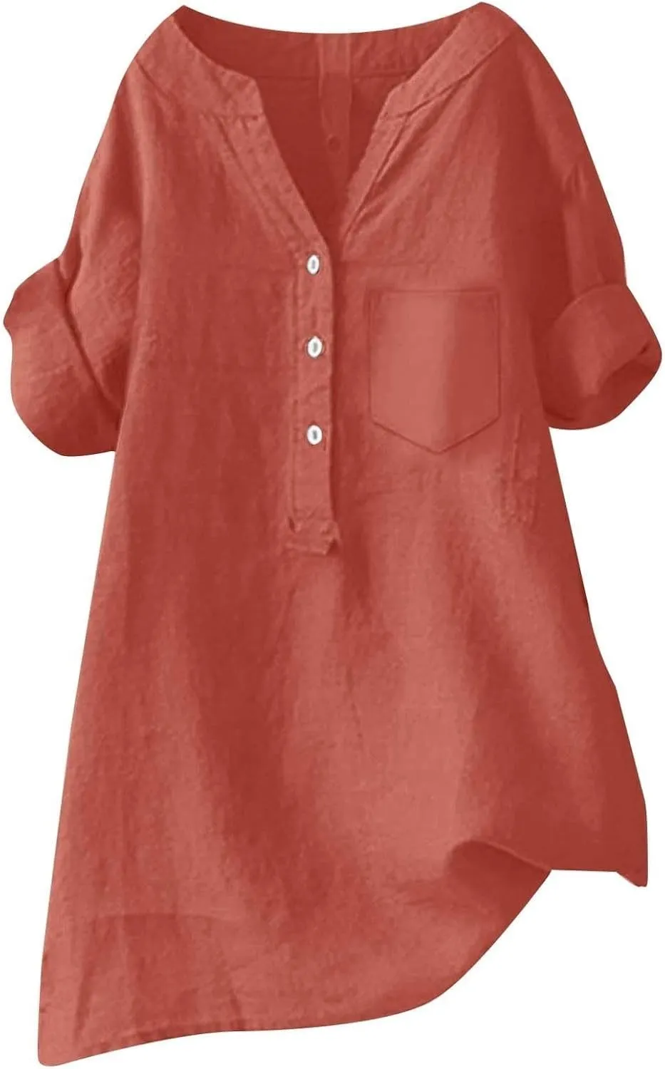 Women Linen Shirts V Neck Button Blouse Boho Dressy Tshirts Short Sleeve Loose Fit T Shirts