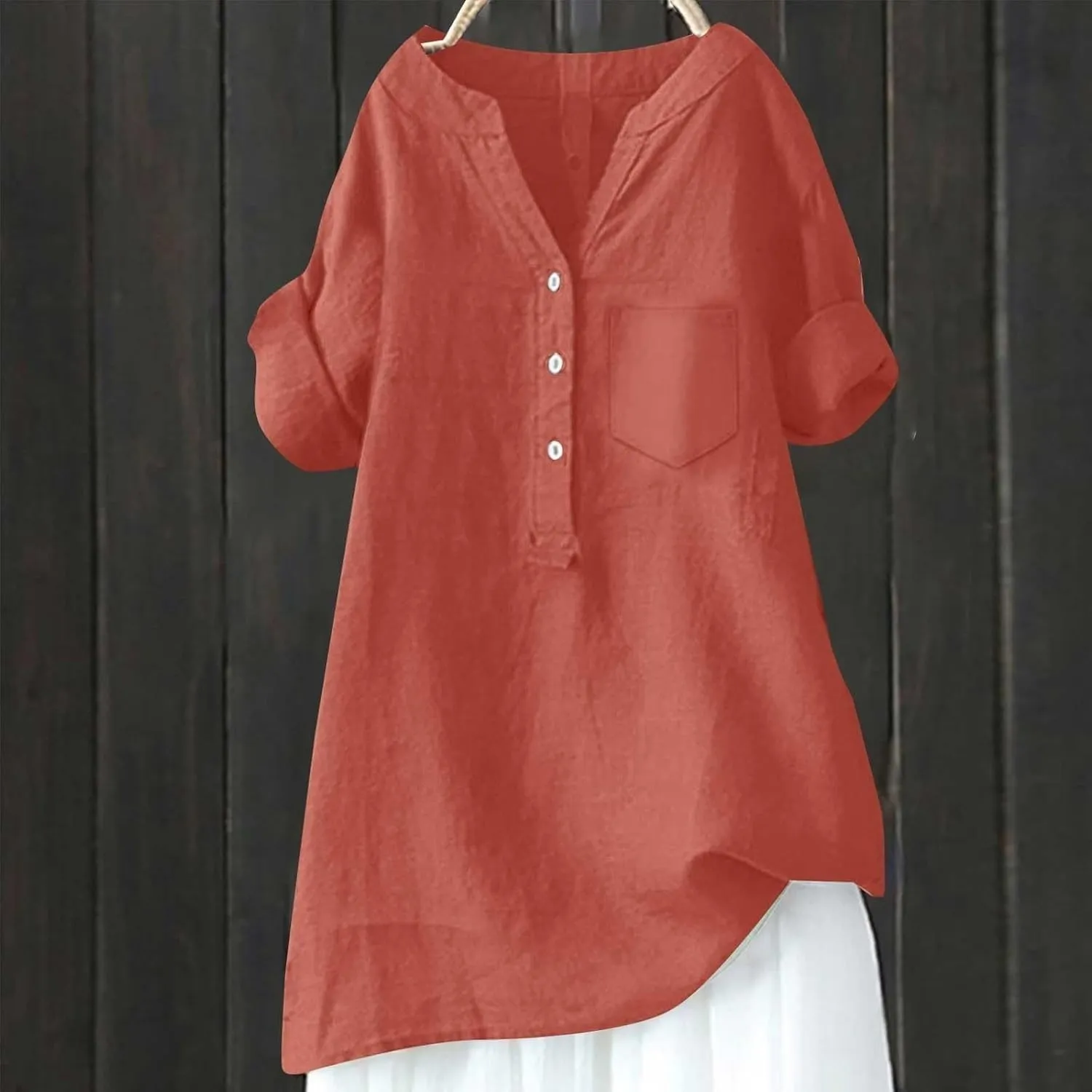 Women Linen Shirts V Neck Button Blouse Boho Dressy Tshirts Short Sleeve Loose Fit T Shirts