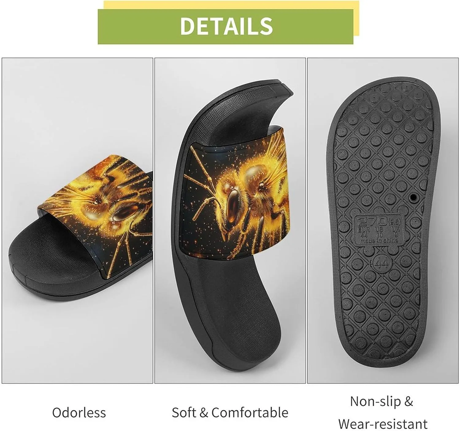 Women Men Slide Slippers Sandals Shower Home Beach House Shoes Gifts, Bee Golden Honeybee Starry