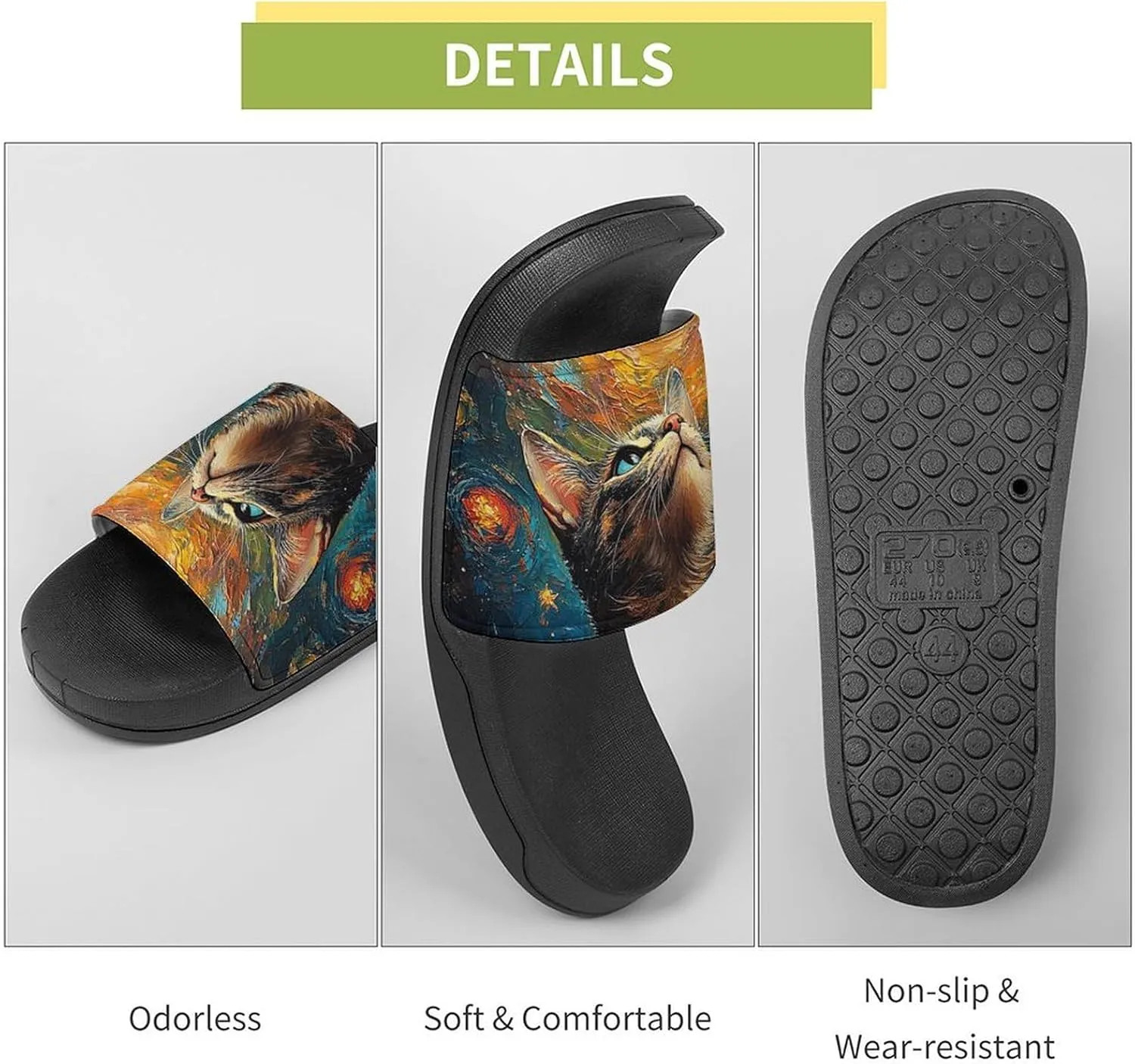 Women Men Slide Slippers Sandals Shower Home Beach House Shoes Gifts, Cat Galaxy Rainbow Art