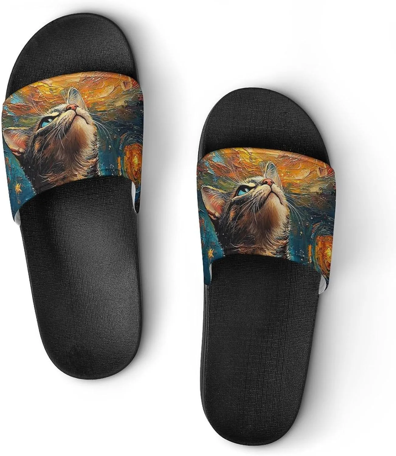Women Men Slide Slippers Sandals Shower Home Beach House Shoes Gifts, Cat Galaxy Rainbow Art