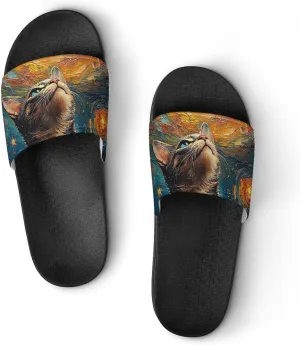 Women Men Slide Slippers Sandals Shower Home Beach House Shoes Gifts, Cat Galaxy Rainbow Art