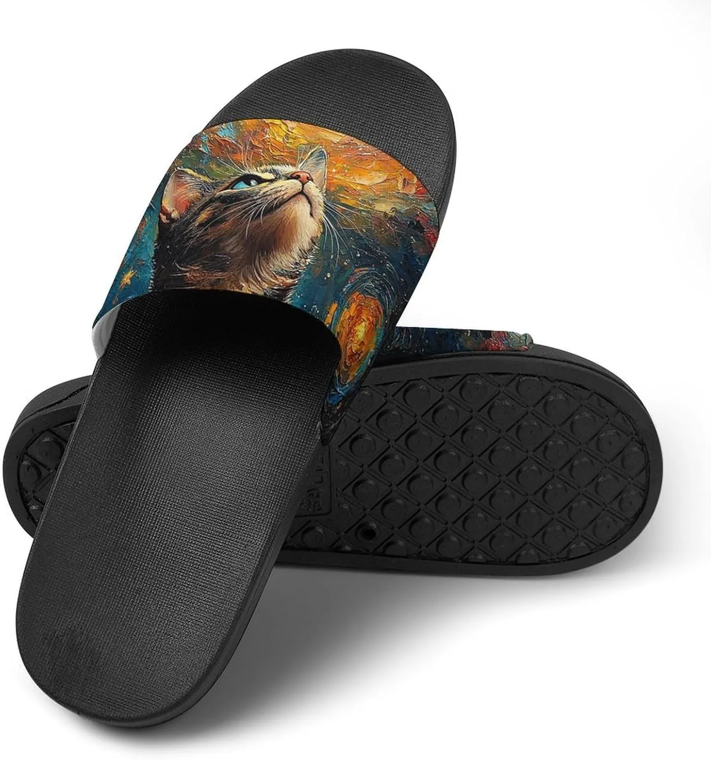 Women Men Slide Slippers Sandals Shower Home Beach House Shoes Gifts, Cat Galaxy Rainbow Art