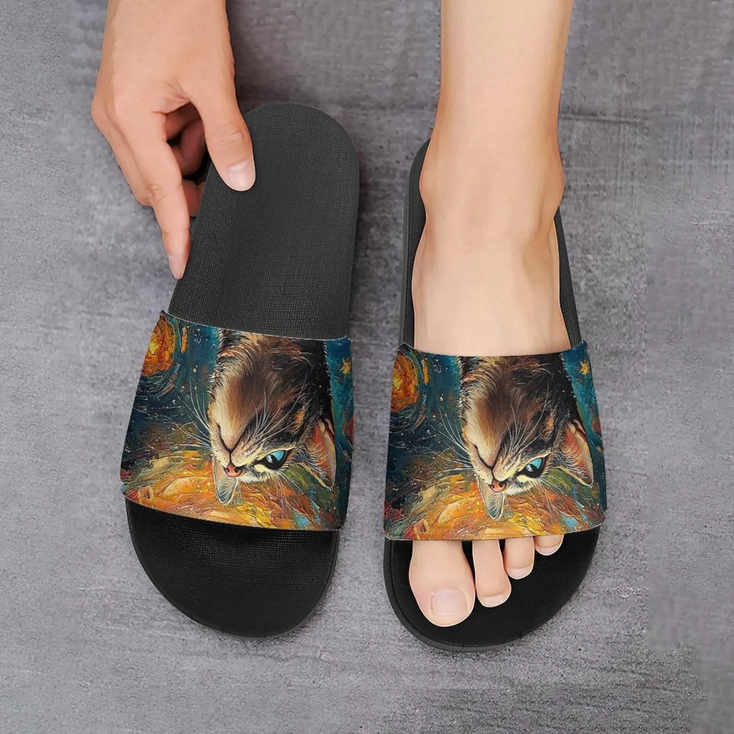 Women Men Slide Slippers Sandals Shower Home Beach House Shoes Gifts, Cat Galaxy Rainbow Art