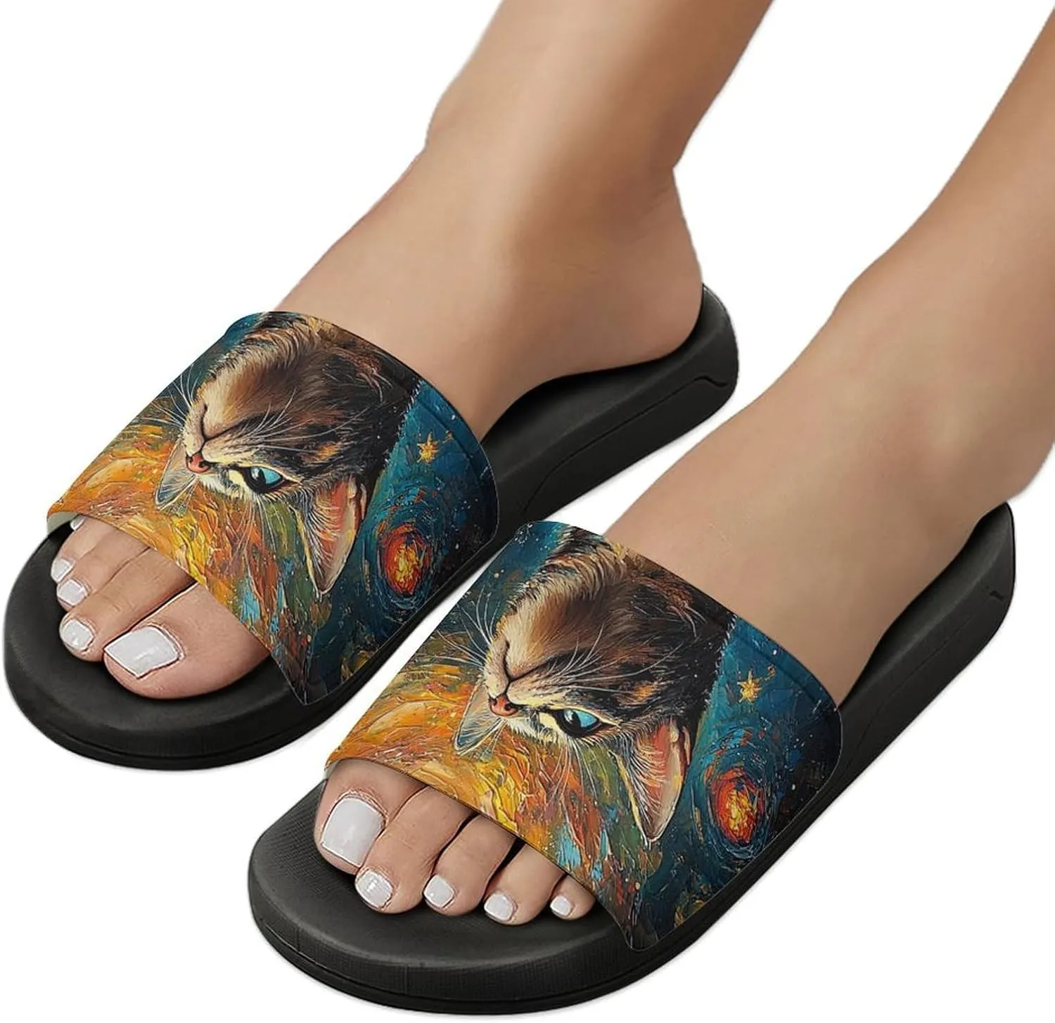 Women Men Slide Slippers Sandals Shower Home Beach House Shoes Gifts, Cat Galaxy Rainbow Art