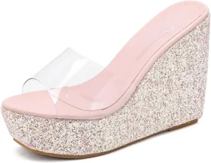 Women Platform Wedge Slippers Sandal Comfortable and Non-Slip Round Toe Open Slip On Transparent PU Noodle Glitter Sole Chunky Lippers Suitable Summer Parties Outdoor Sexy Dress