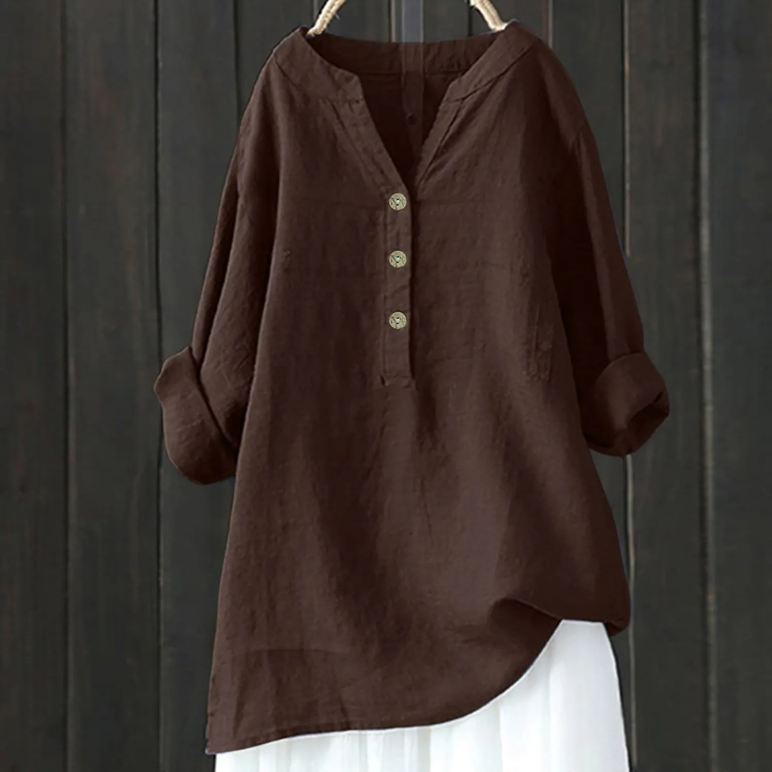 Women Short Sleeve Cotton Linen Shirt Casual Crew Neck Trendy Dressy T Shirt Buttons Loose Fit Summer Tee Top