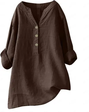Women Short Sleeve Cotton Linen Shirt Casual Crew Neck Trendy Dressy T Shirt Buttons Loose Fit Summer Tee Top
