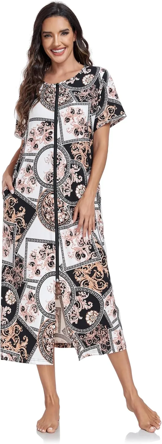 Women Short Sleeve Zip Front Nightgowns Full Length Cotton Robes Loose Housecoat Loungewear with Pockets S-XXL