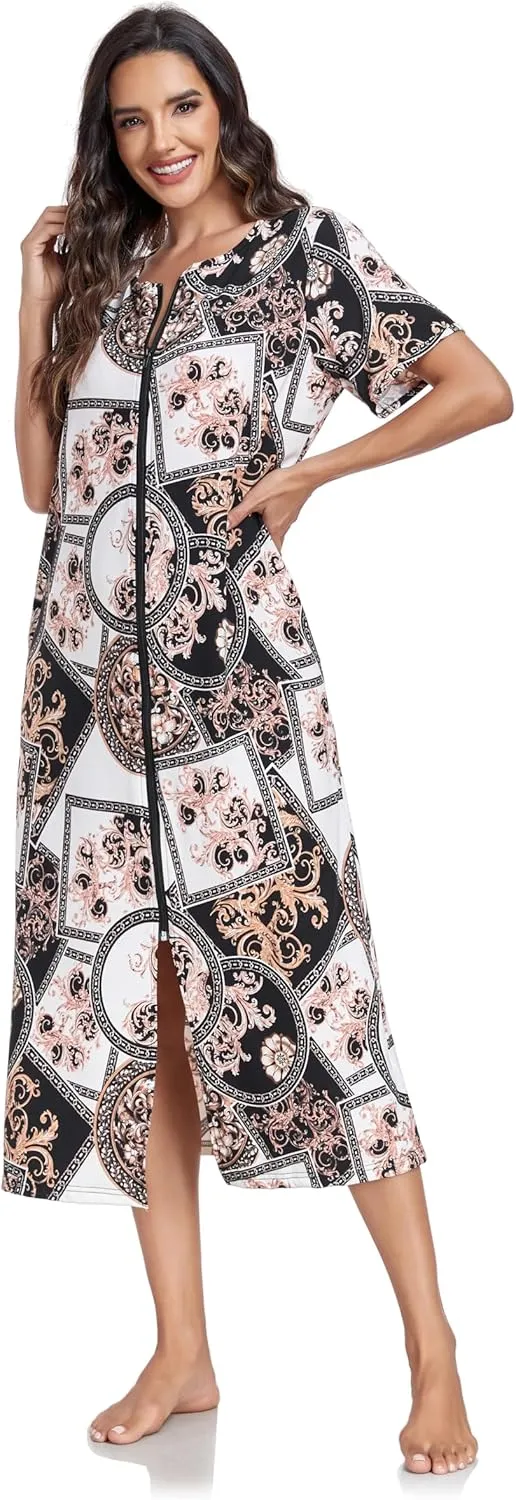 Women Short Sleeve Zip Front Nightgowns Full Length Cotton Robes Loose Housecoat Loungewear with Pockets S-XXL
