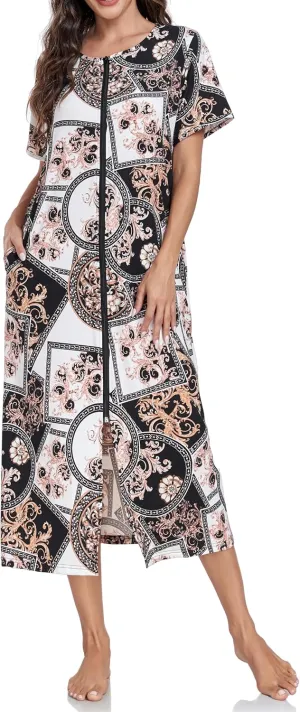 Women Short Sleeve Zip Front Nightgowns Full Length Cotton Robes Loose Housecoat Loungewear with Pockets S-XXL