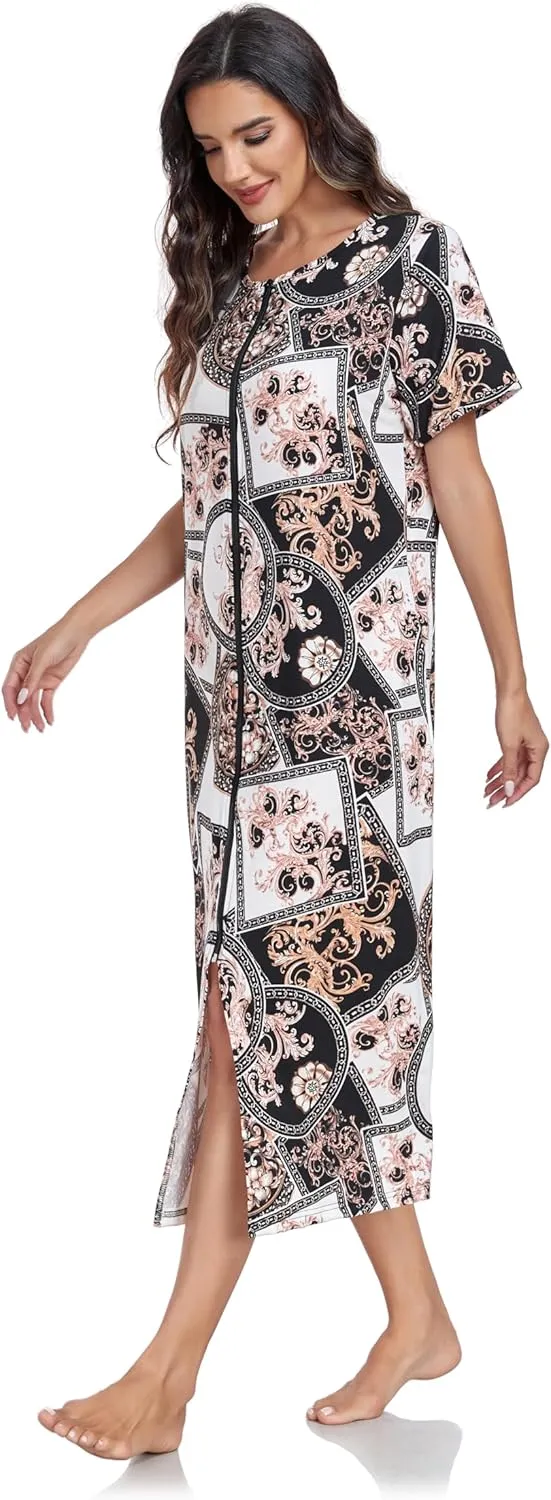 Women Short Sleeve Zip Front Nightgowns Full Length Cotton Robes Loose Housecoat Loungewear with Pockets S-XXL