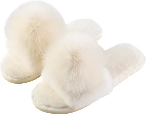 Women Slippers with Real Fox Fur Ball, Girl Furry Cozy Warm House Slipper, Open Toe Soft Flat Slide Sandals for Women Indoor Outdoor