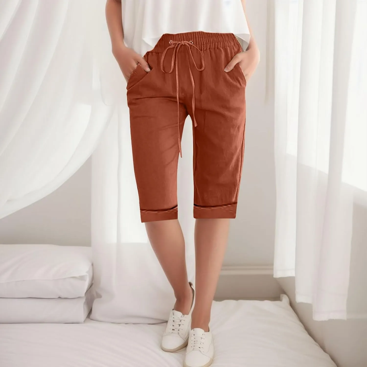 Women Wide Leg Linen Pants Summer High Waisted Palazzo Pants Drawstring Loose Fit Flowy Trousers with Pockets
