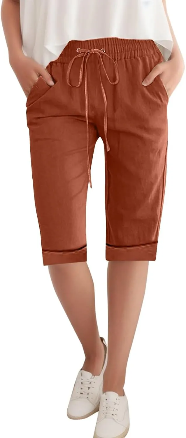 Women Wide Leg Linen Pants Summer High Waisted Palazzo Pants Drawstring Loose Fit Flowy Trousers with Pockets