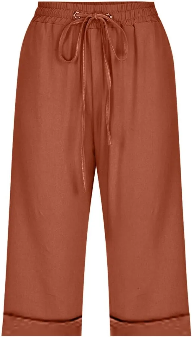 Women Wide Leg Linen Pants Summer High Waisted Palazzo Pants Drawstring Loose Fit Flowy Trousers with Pockets