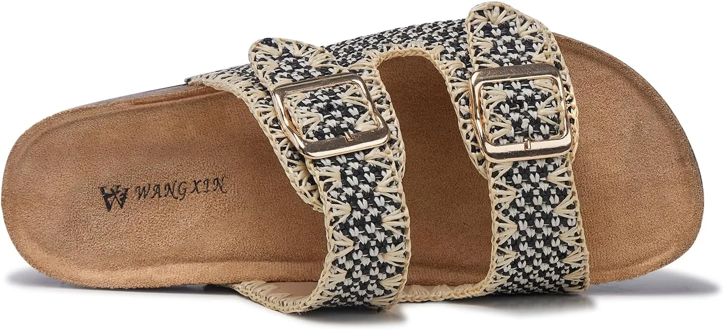 Women's Color Clash Woven Cork Slippers Sandals Casual Flat Outwear Soft Bottom Slippers