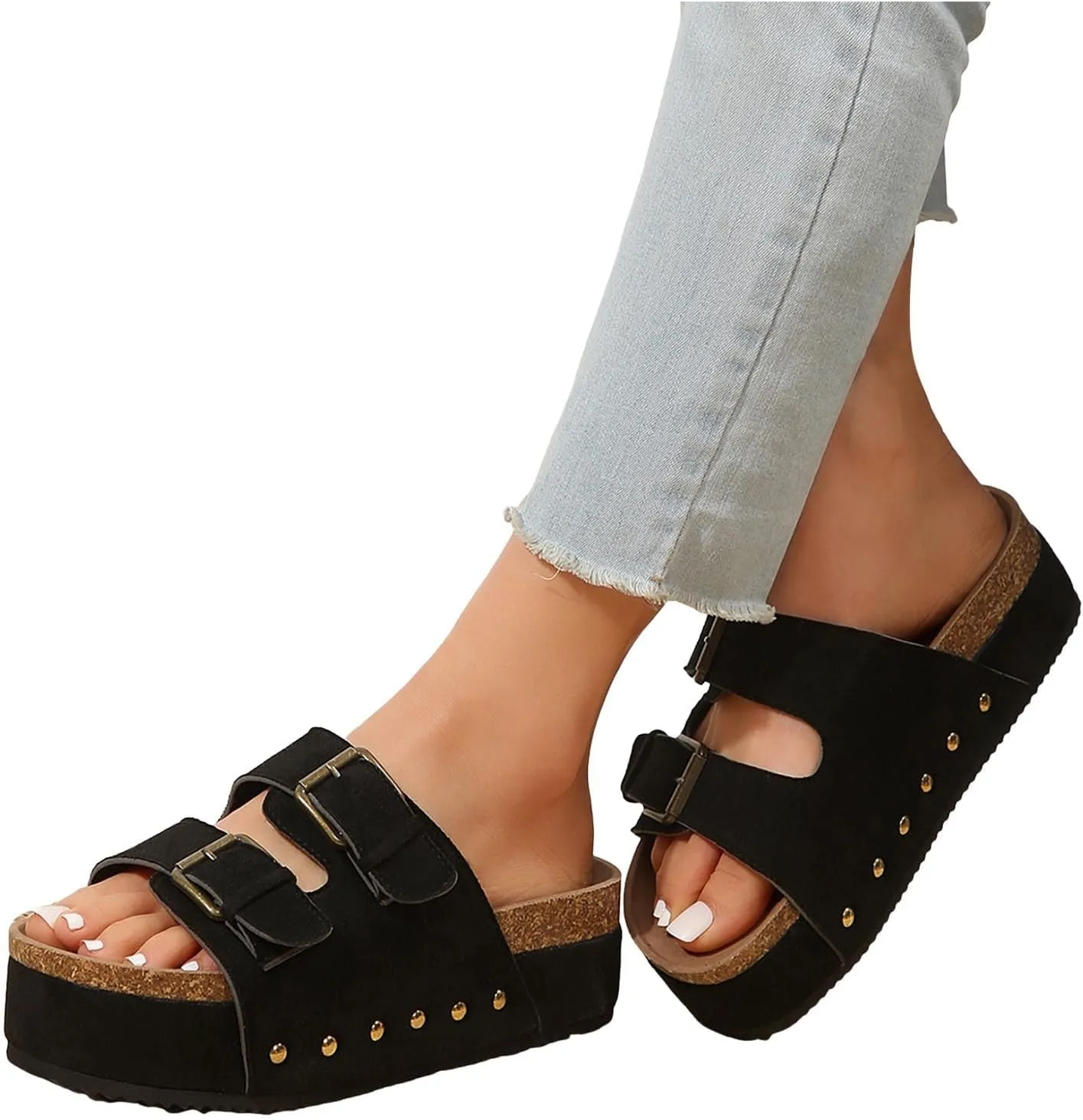Women's Cork Platform Sandals Comfortable Cork Footbed Studded Flatform Sandals Adjustable Buckle Straps Flat Clogs Slide Sandals
