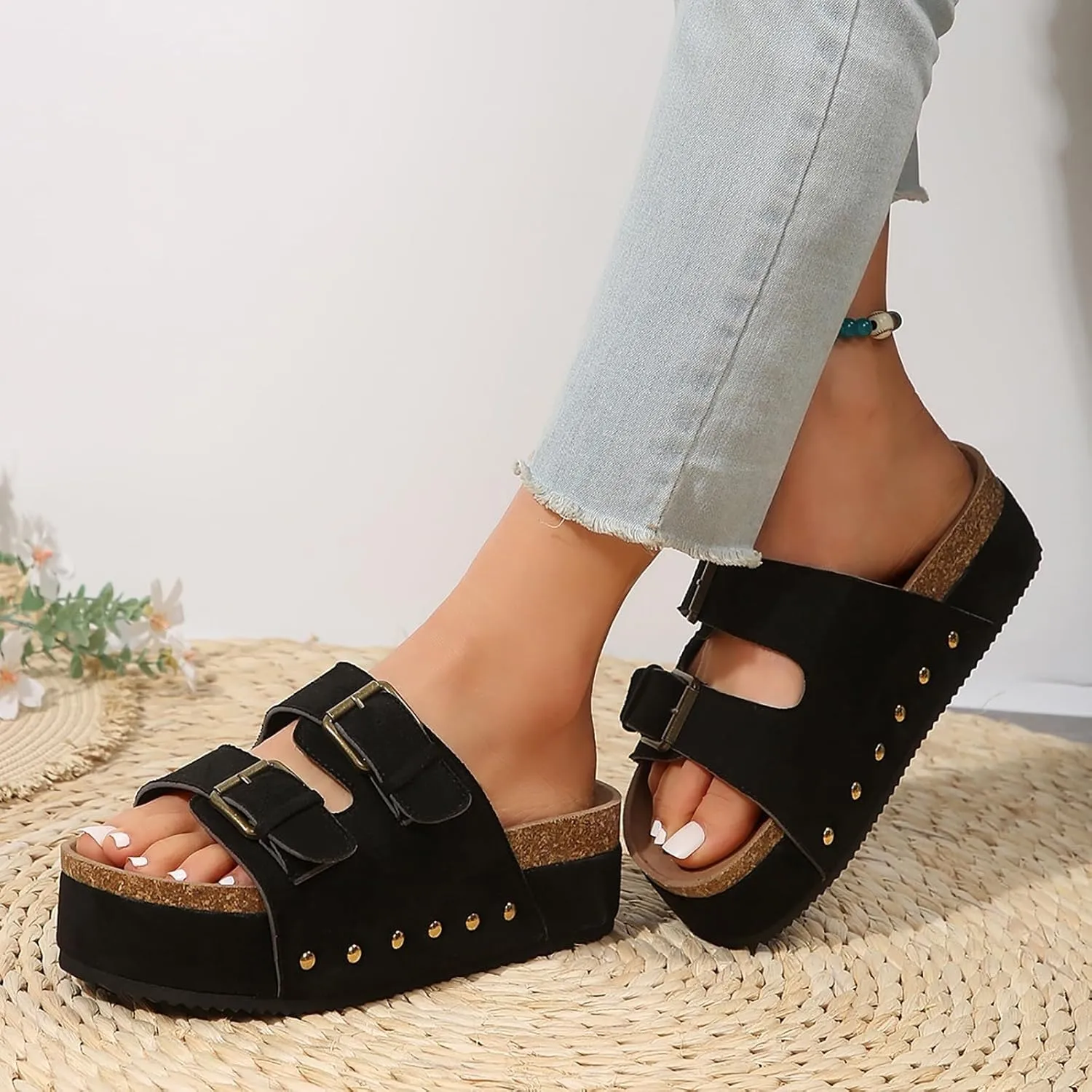 Women's Cork Platform Sandals Comfortable Cork Footbed Studded Flatform Sandals Adjustable Buckle Straps Flat Clogs Slide Sandals