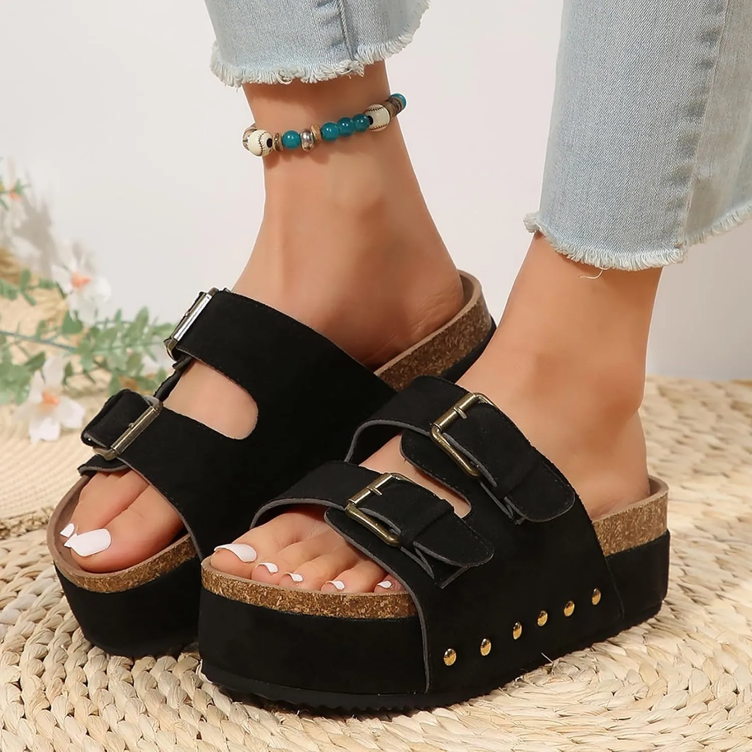 Women's Cork Platform Sandals Comfortable Cork Footbed Studded Flatform Sandals Adjustable Buckle Straps Flat Clogs Slide Sandals