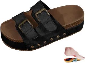Women's Cork Platform Sandals Comfortable Cork Footbed Studded Flatform Sandals Adjustable Buckle Straps Flat Clogs Slide Sandals