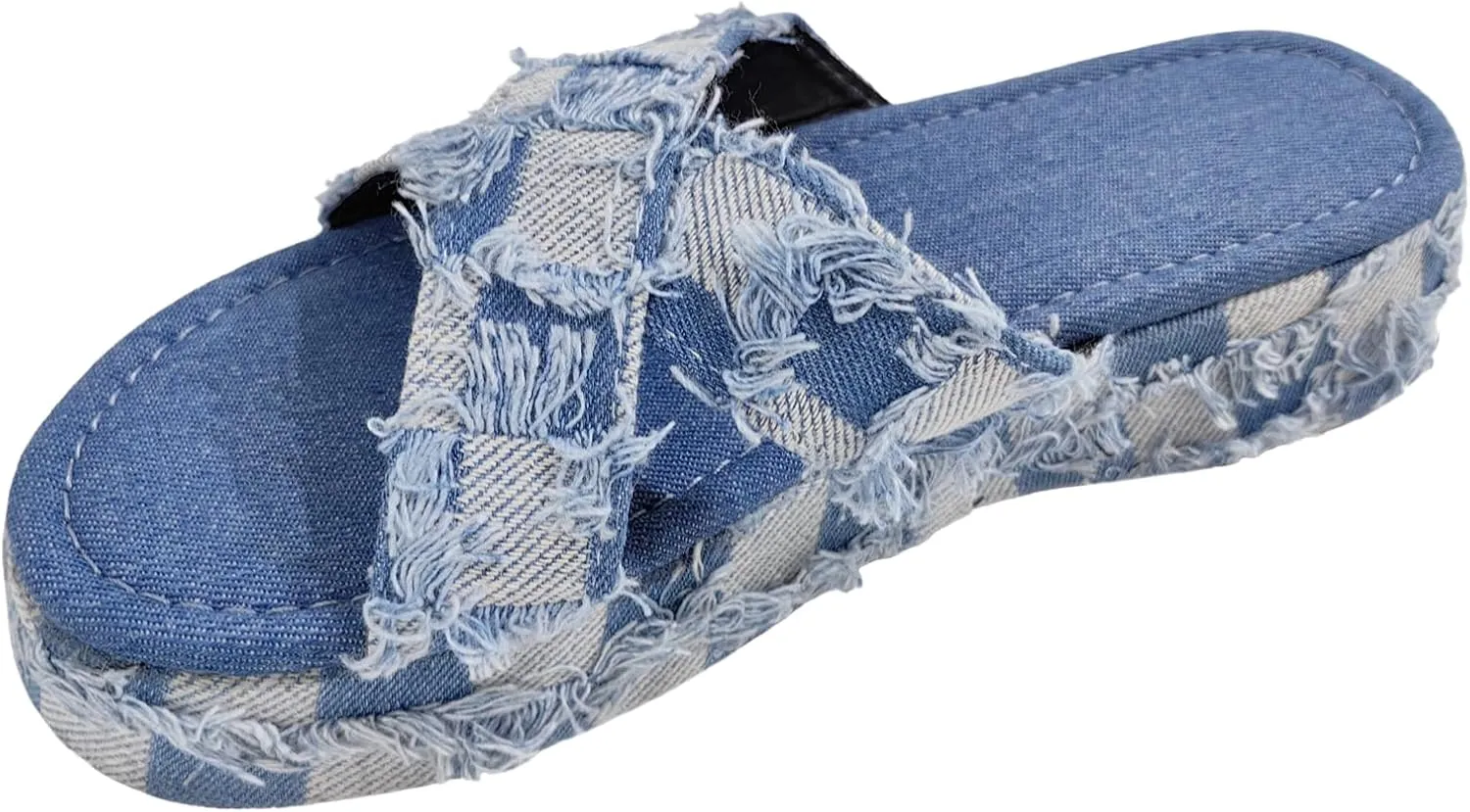Women's Denim Crossover Platform Slide Sandals Vintage Style Open Toe Slip On Backless Breathable Non-Slip Boho Slippers Casual Comfortable Walking Sandals