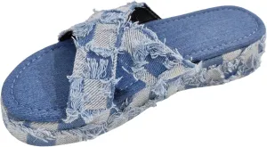 Women's Denim Crossover Platform Slide Sandals Vintage Style Open Toe Slip On Backless Breathable Non-Slip Boho Slippers Casual Comfortable Walking Sandals
