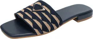 Women's Embroidered Slides Square Open Toe Sandals Casual Beach Flats Sandals