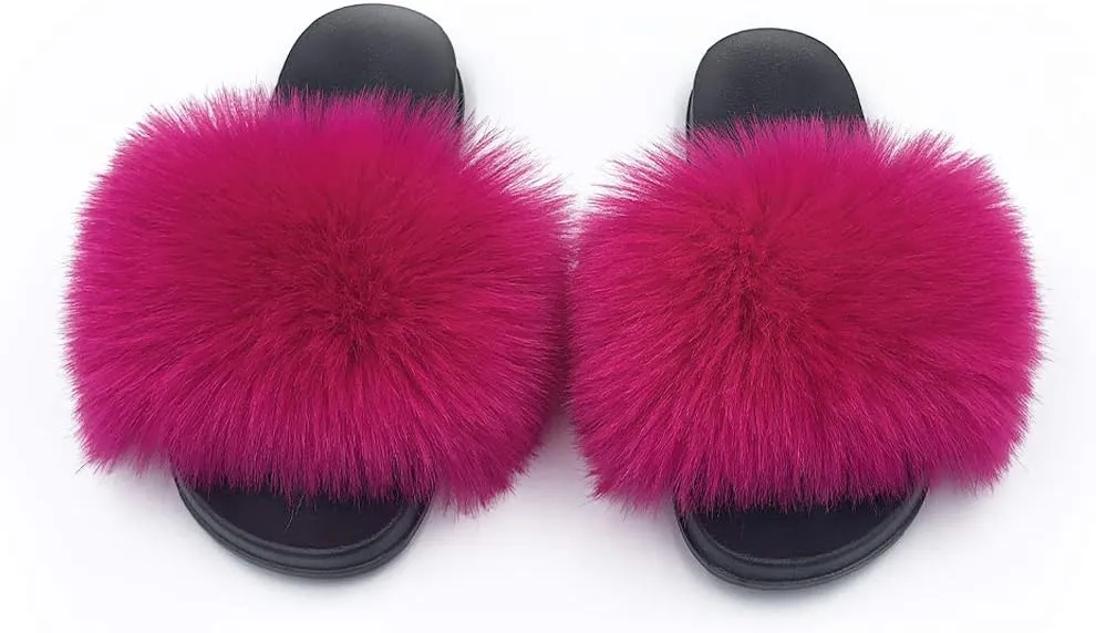 Women's Faux Fur Slides Slippers Fluffy Fuzzy Sandals Open Toe Furry Slide Flip Flop Indoor Outdoor