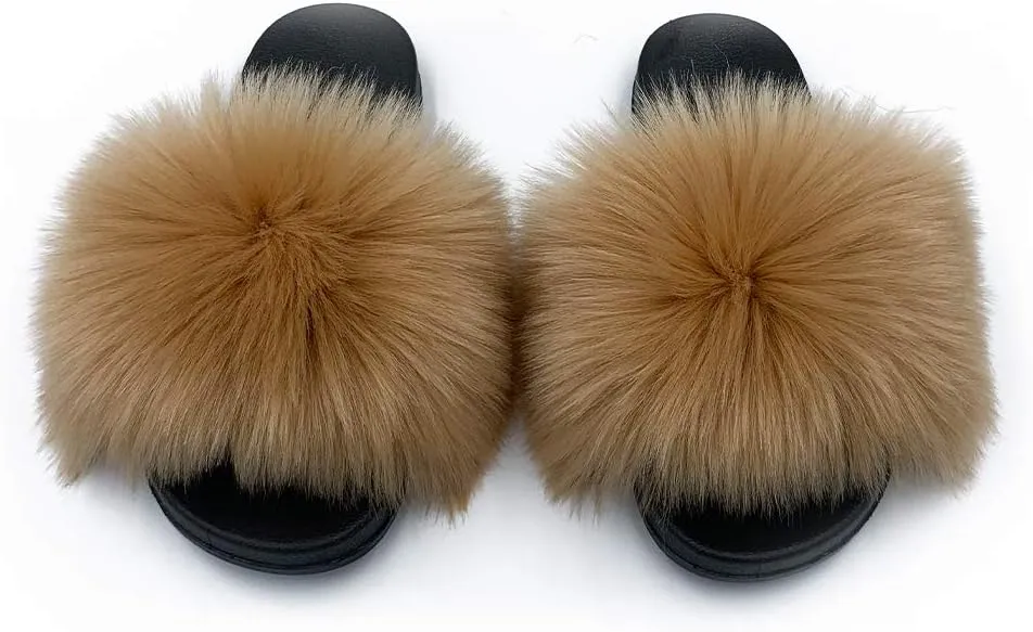 Women's Faux Fur Slides Slippers Fluffy Fuzzy Sandals Open Toe Furry Slide Flip Flop Indoor Outdoor