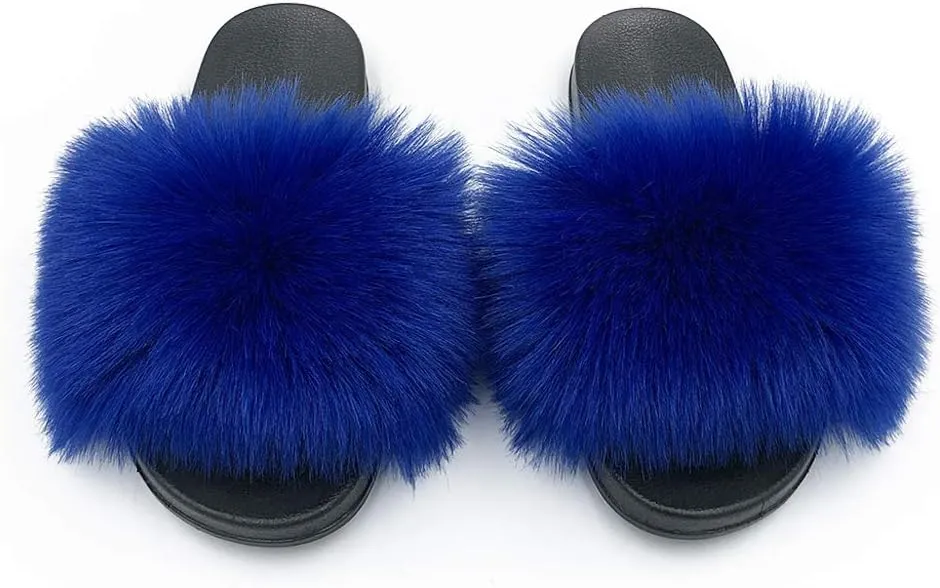 Women's Faux Fur Slides Slippers Fluffy Fuzzy Sandals Open Toe Furry Slide Flip Flop Indoor Outdoor