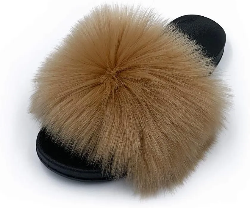 Women's Faux Fur Slides Slippers Fluffy Fuzzy Sandals Open Toe Furry Slide Flip Flop Indoor Outdoor