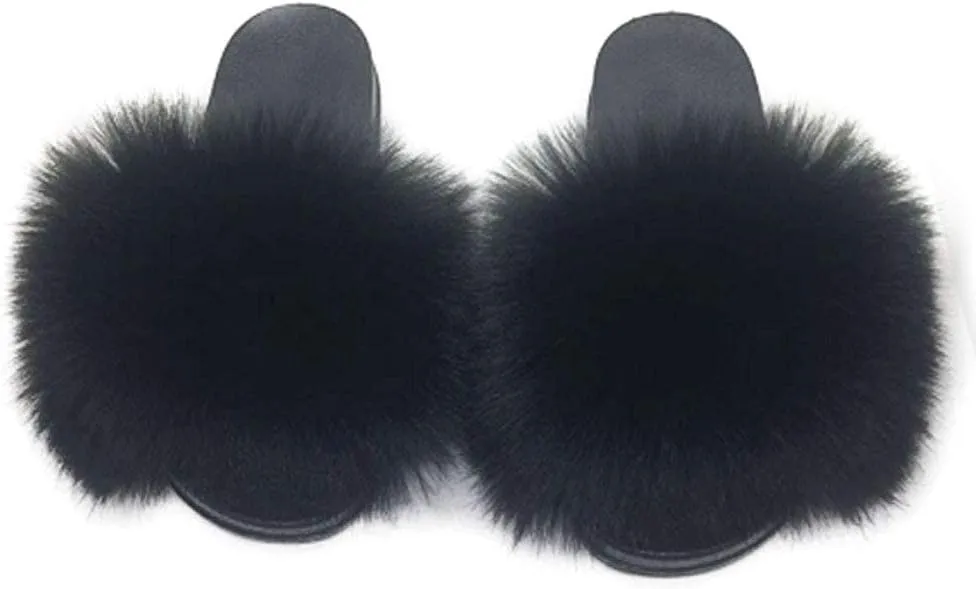 Women's Faux Fur Slides Slippers Fluffy Fuzzy Sandals Open Toe Furry Slide Flip Flop Indoor Outdoor