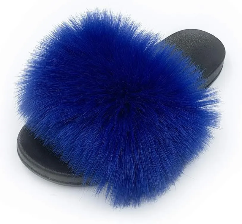 Women's Faux Fur Slides Slippers Fluffy Fuzzy Sandals Open Toe Furry Slide Flip Flop Indoor Outdoor