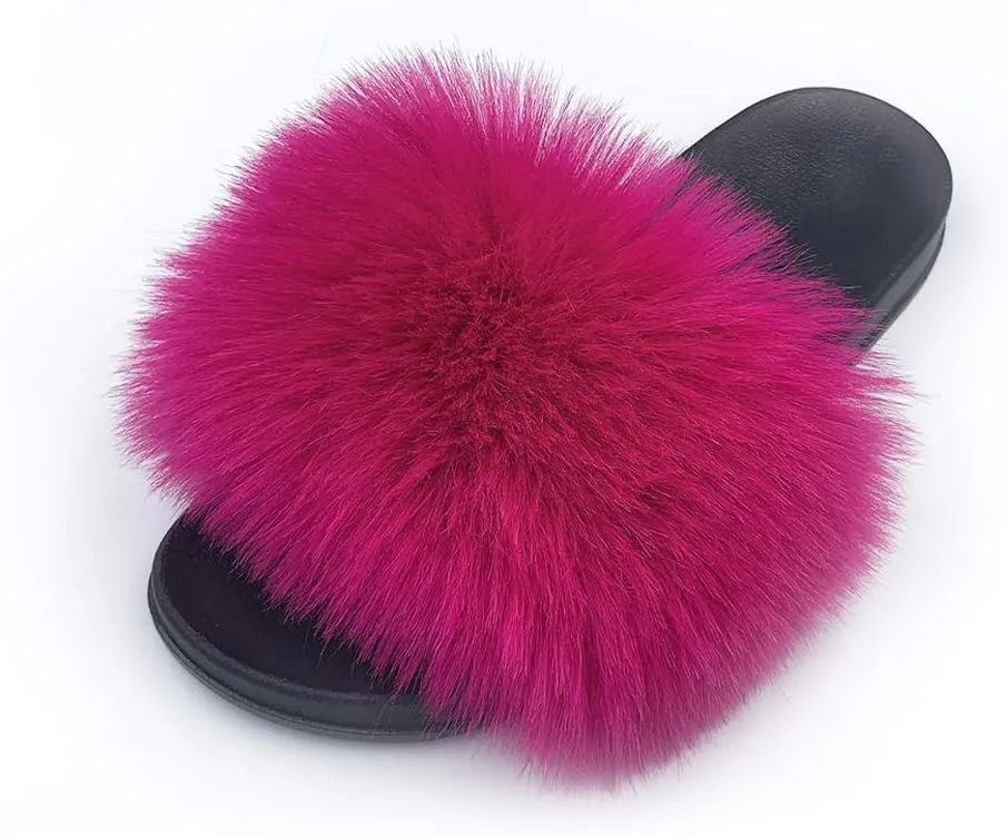 Women's Faux Fur Slides Slippers Fluffy Fuzzy Sandals Open Toe Furry Slide Flip Flop Indoor Outdoor