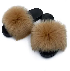 Women's Faux Fur Slides Slippers Fluffy Fuzzy Sandals Open Toe Furry Slide Flip Flop Indoor Outdoor