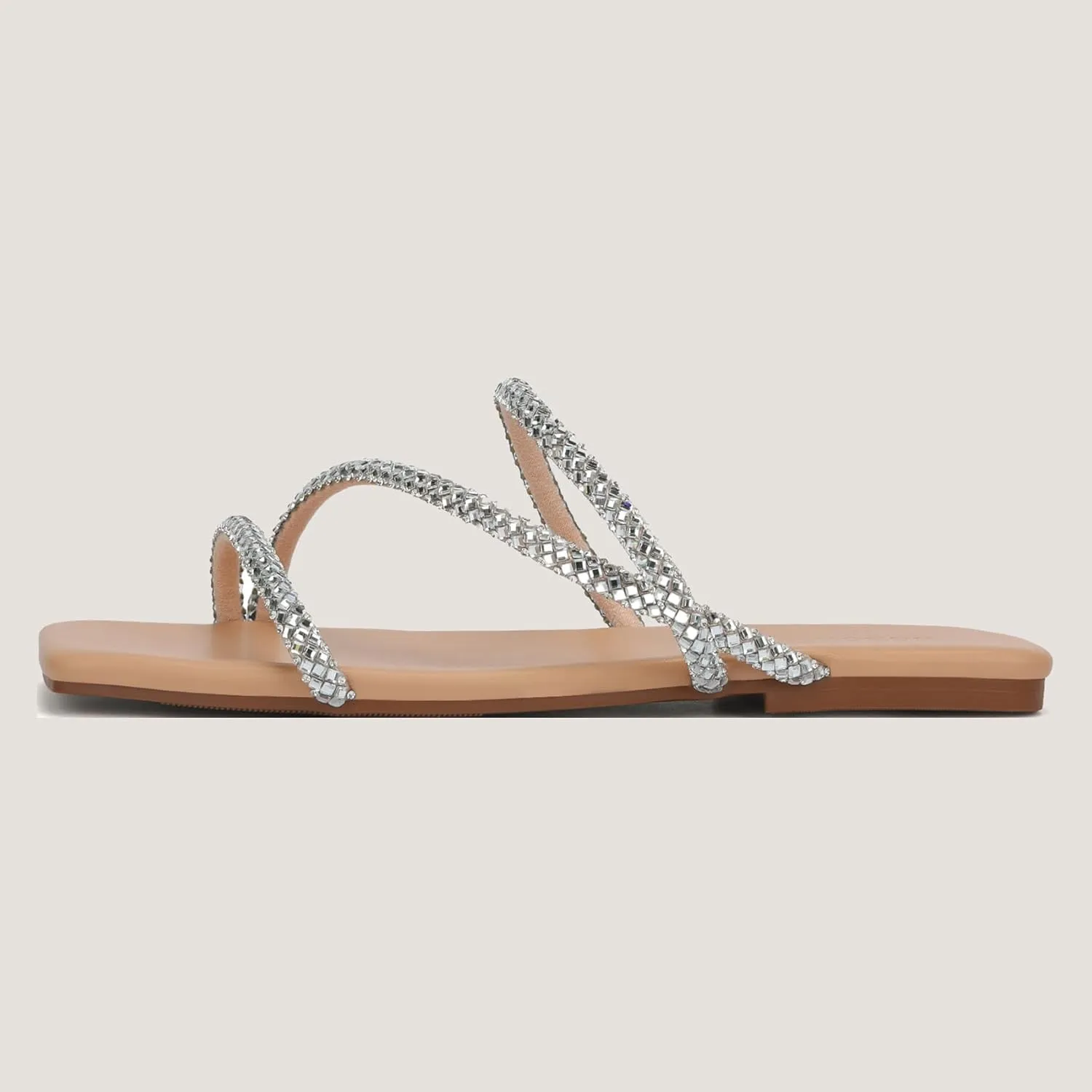 Women's Flat Sandals Strappy Square Open Toe Slide Sandals Dressy Comfortable Wide Feet Friendly