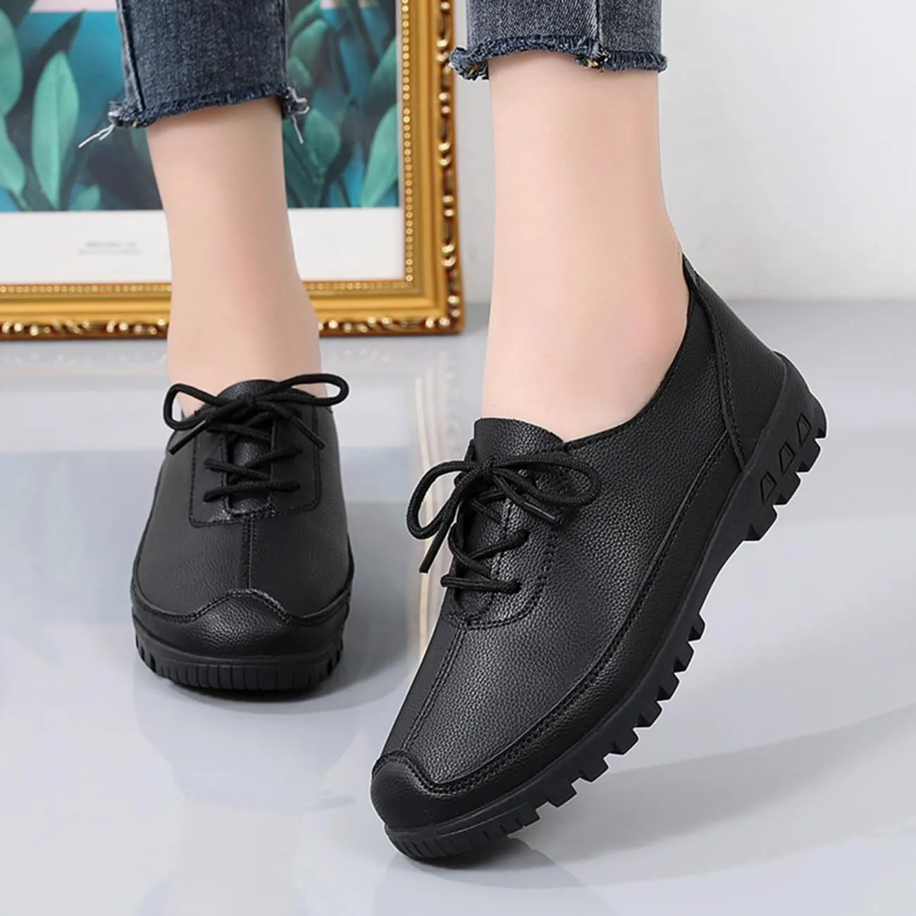 Women's Flat Shoes Lace Up Comfortable and Soft Oxford Non-Slip Brogues Shoes ，Business Casual Work
