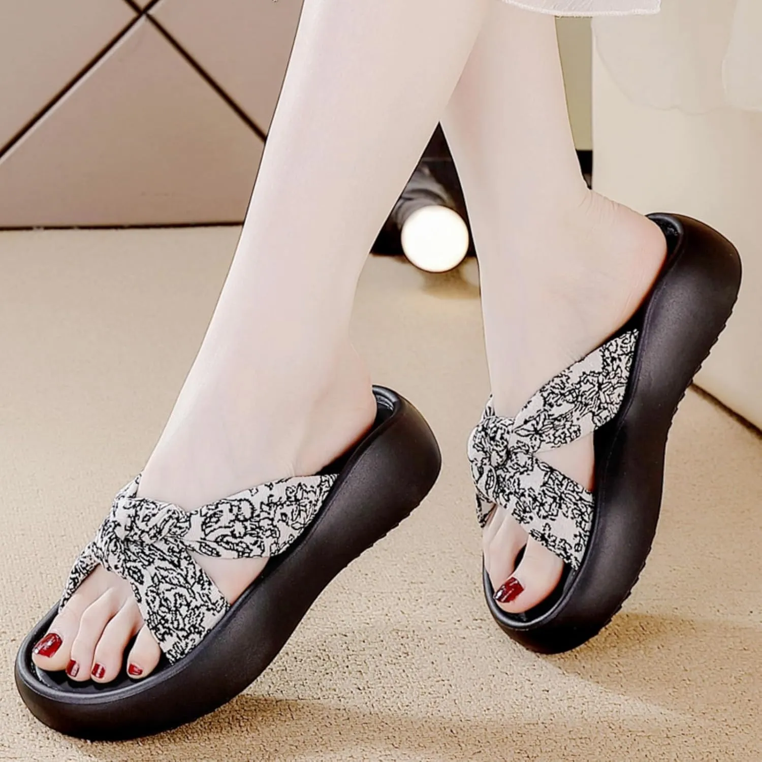 Women's Floral Bow Platform Slide Sandals - Textured Non-Slip Sole, Breathable Adjustable Straps for Summer Casual Comfort