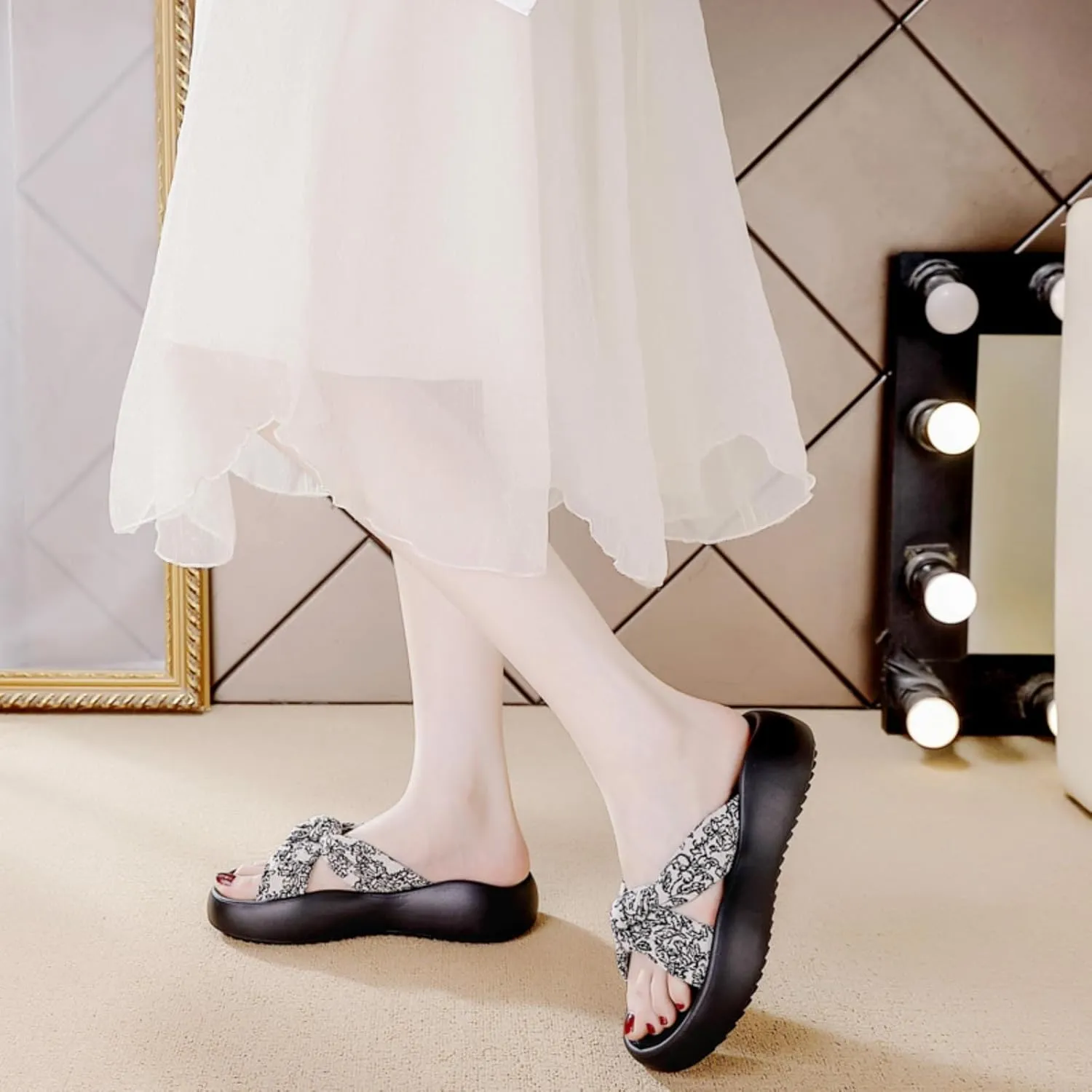 Women's Floral Bow Platform Slide Sandals - Textured Non-Slip Sole, Breathable Adjustable Straps for Summer Casual Comfort