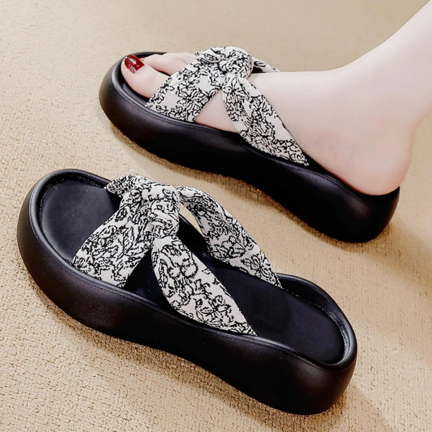 Women's Floral Bow Platform Slide Sandals - Textured Non-Slip Sole, Breathable Adjustable Straps for Summer Casual Comfort