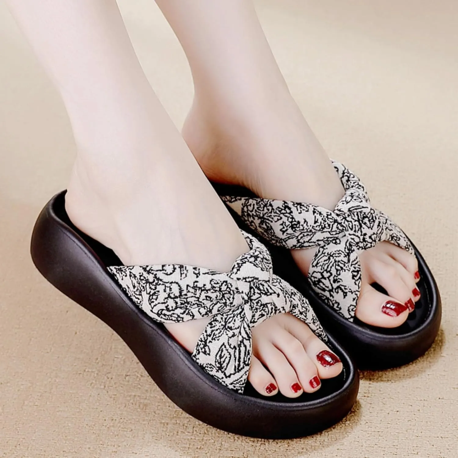 Women's Floral Bow Platform Slide Sandals - Textured Non-Slip Sole, Breathable Adjustable Straps for Summer Casual Comfort
