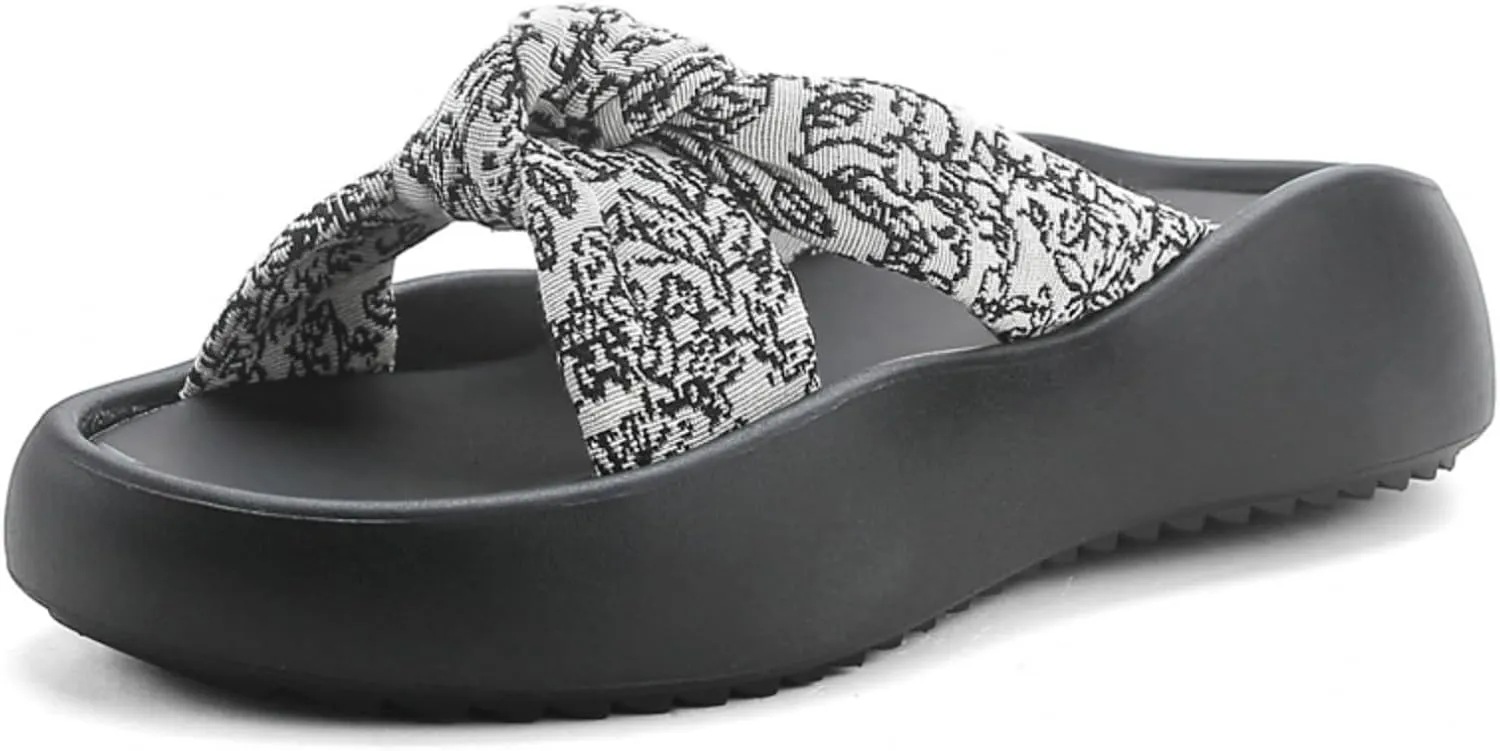 Women's Floral Bow Platform Slide Sandals - Textured Non-Slip Sole, Breathable Adjustable Straps for Summer Casual Comfort