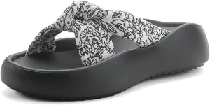 Women's Floral Bow Platform Slide Sandals - Textured Non-Slip Sole, Breathable Adjustable Straps for Summer Casual Comfort