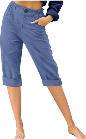 Women's Folded Hem Cotton Linen Shorts Elastic Waist Shorts Long Shorts Below The Knee Pocket Sporty Shorts