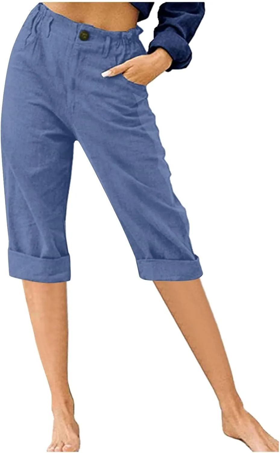 Women's Folded Hem Cotton Linen Shorts Elastic Waist Shorts Long Shorts Below The Knee Pocket Sporty Shorts