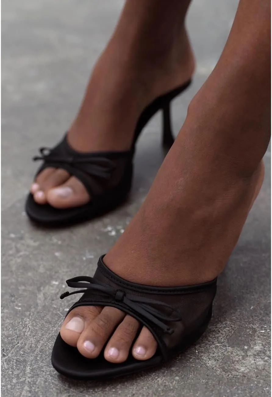 Womens Kitten Heels Bow Mesh Sandals Round Open Toe Slip On Low Slide Heeled Sandals